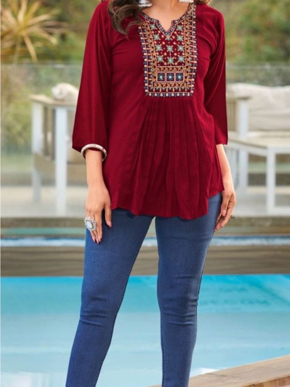 Embroidered V-Neck Peasant Top/ short kurta- Burgundy